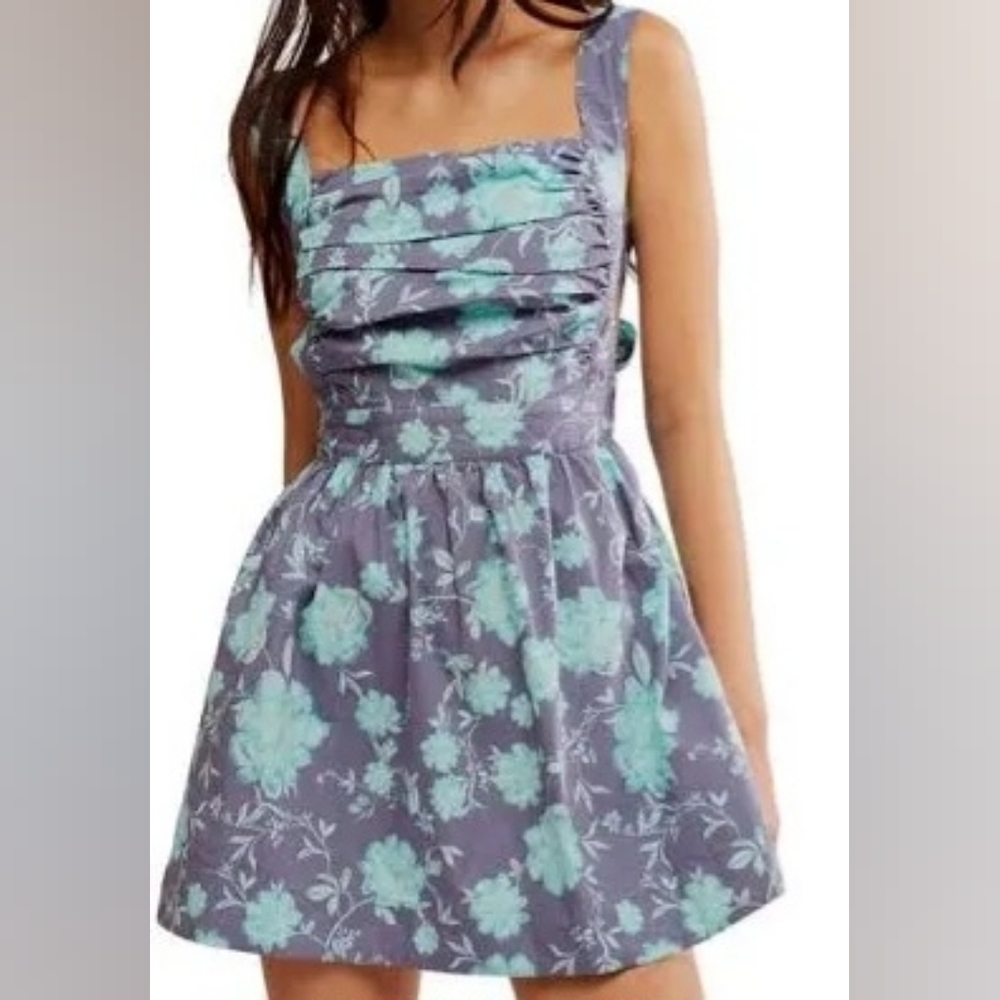 Free People‎ Meet Me In Maui Sleeveless  Gray and Teal Floral Mini Dress